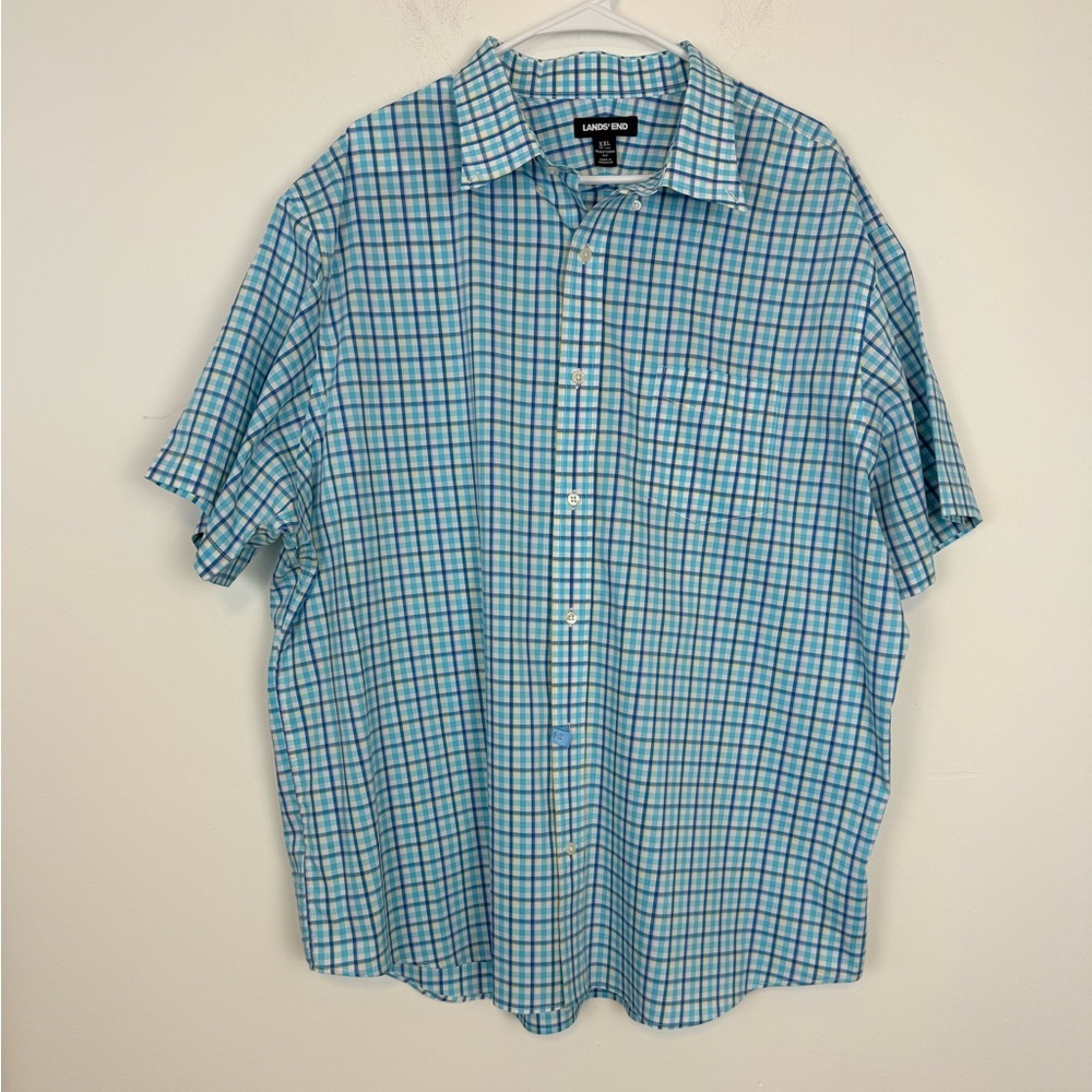 Lands End Men’s Short Sleeve Button Down Blue Checkered Shirt. Size XXL.